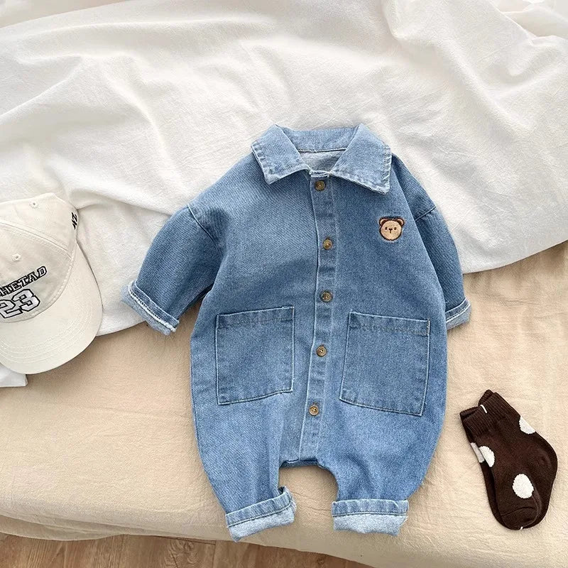 Combinaison Jean Bébé – Barboteuse Ours Brodé (0-2 ans)