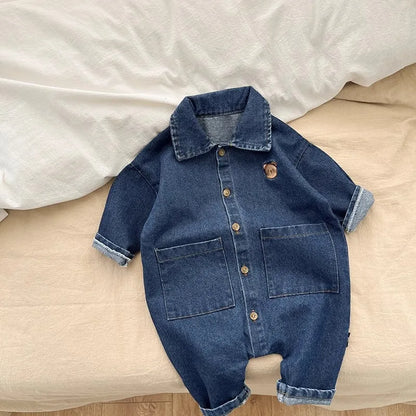 Combinaison Jean Bébé – Barboteuse Ours Brodé (0-2 ans)