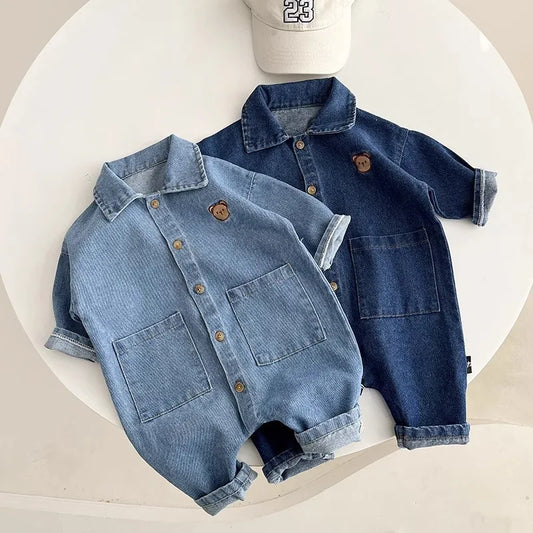 Combinaison Jean Bébé – Barboteuse Ours Brodé (0-2 ans)