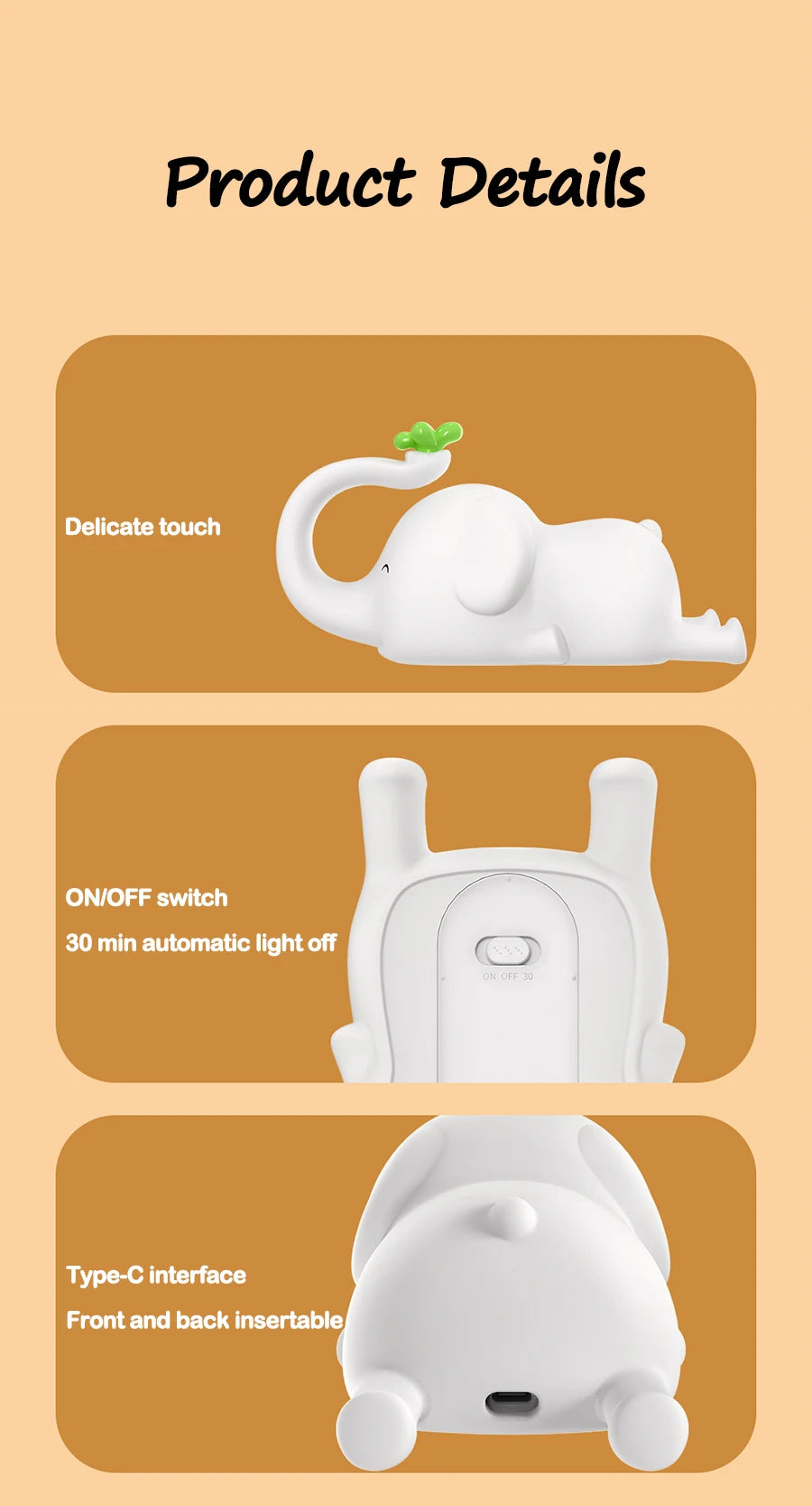 Veilleuse Enfant Éléphant – Lampe de Nuit Douce et Rechargeable USB