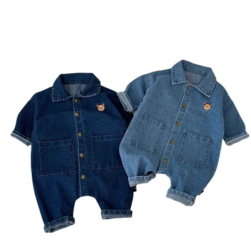 Combinaison Jean Bébé – Barboteuse Ours Brodé (0-2 ans)